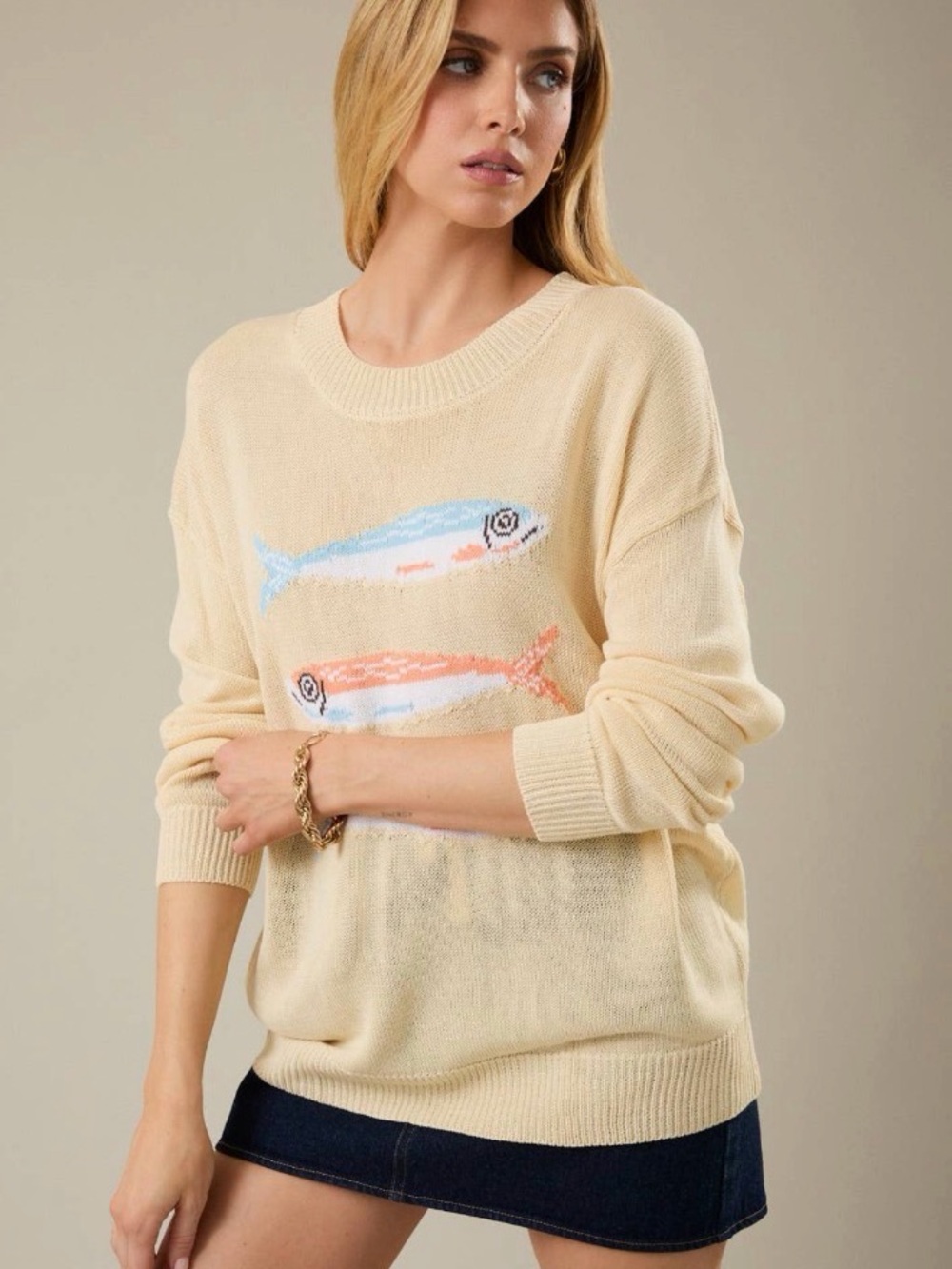 286 Cream Fish Motif Crewneck Sweater - Picture 3 of 4